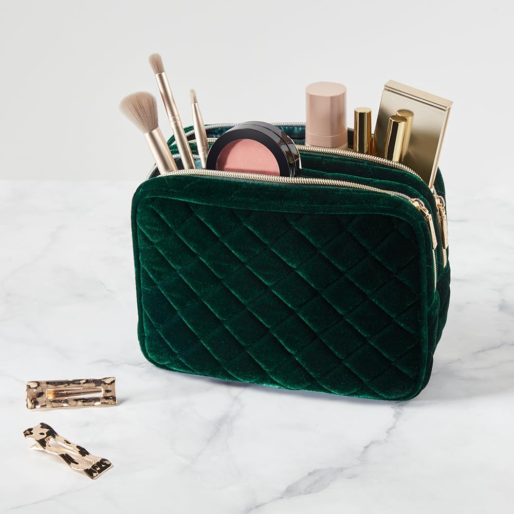 Conair Travel Double Zip Organizer - Toiletry Bag - Makeup Bag - Travel Makeup Bag - Makeup Organizer - Gifts for women - Green Velvet