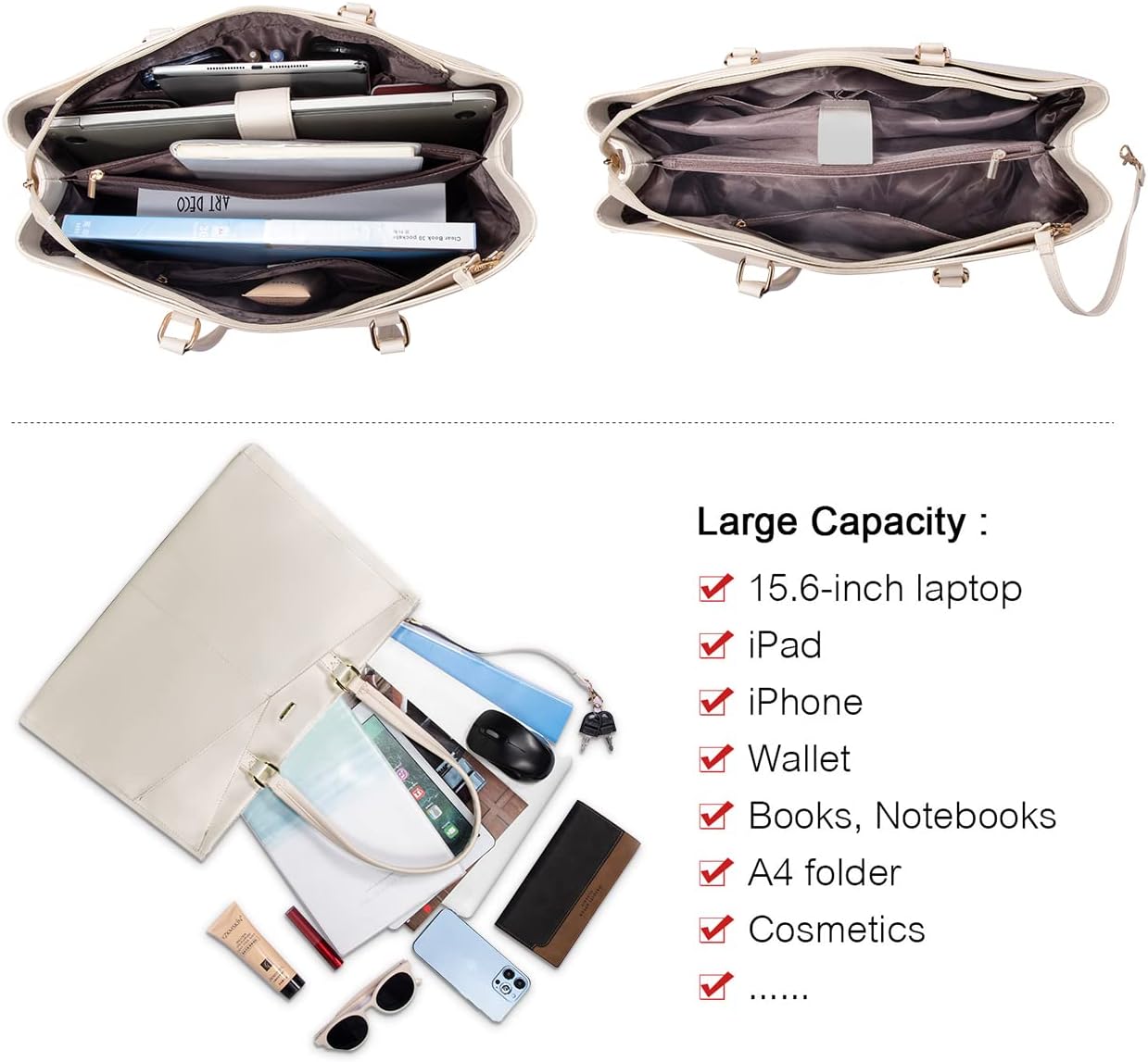 LOVEVOOK Laptop Bag for Women 15.6 Inch Tote Bags Waterproof Computer Briefcase for Teacher Business Office Work Bag,Beige