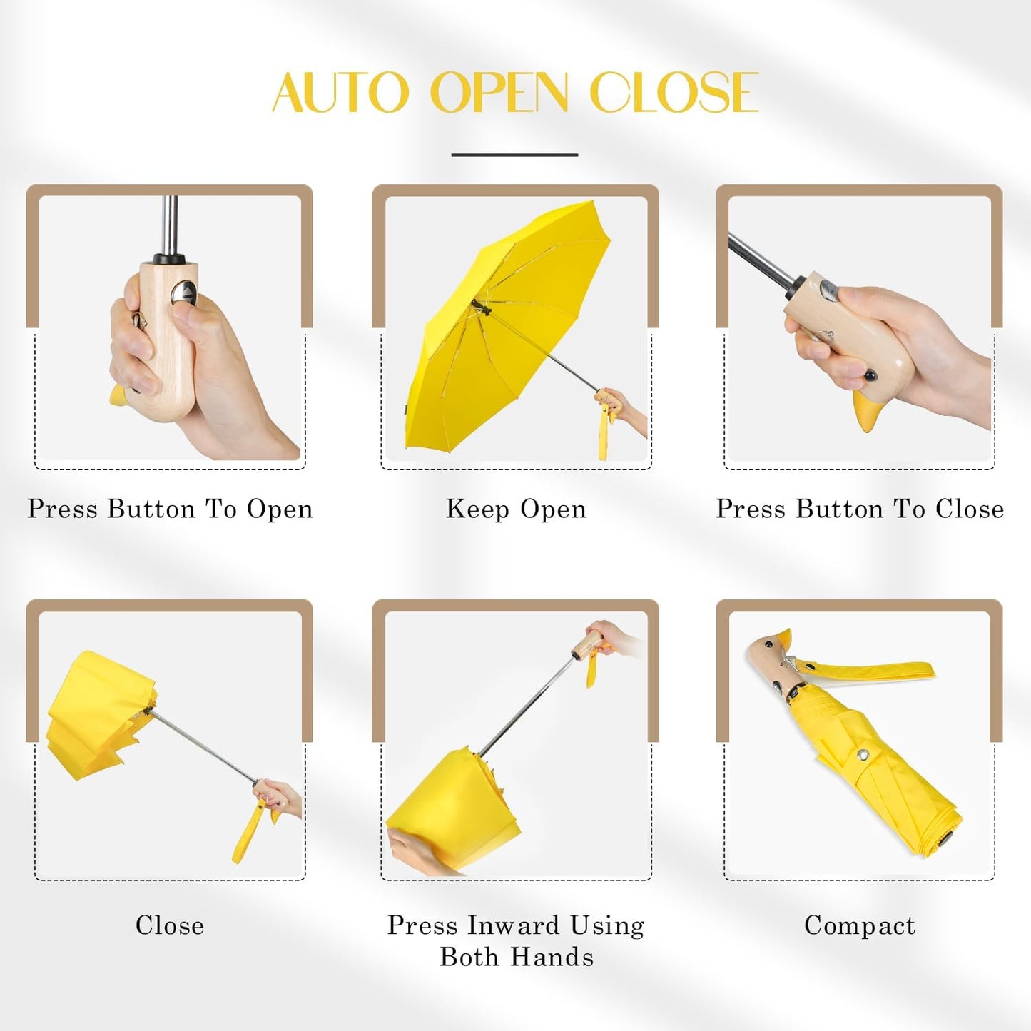 Cute Duck Umbrella Automatic - Compact Pretty Pocket Size Strong Duck Collapsible Umbrella Yellow Wooden Handle for Women