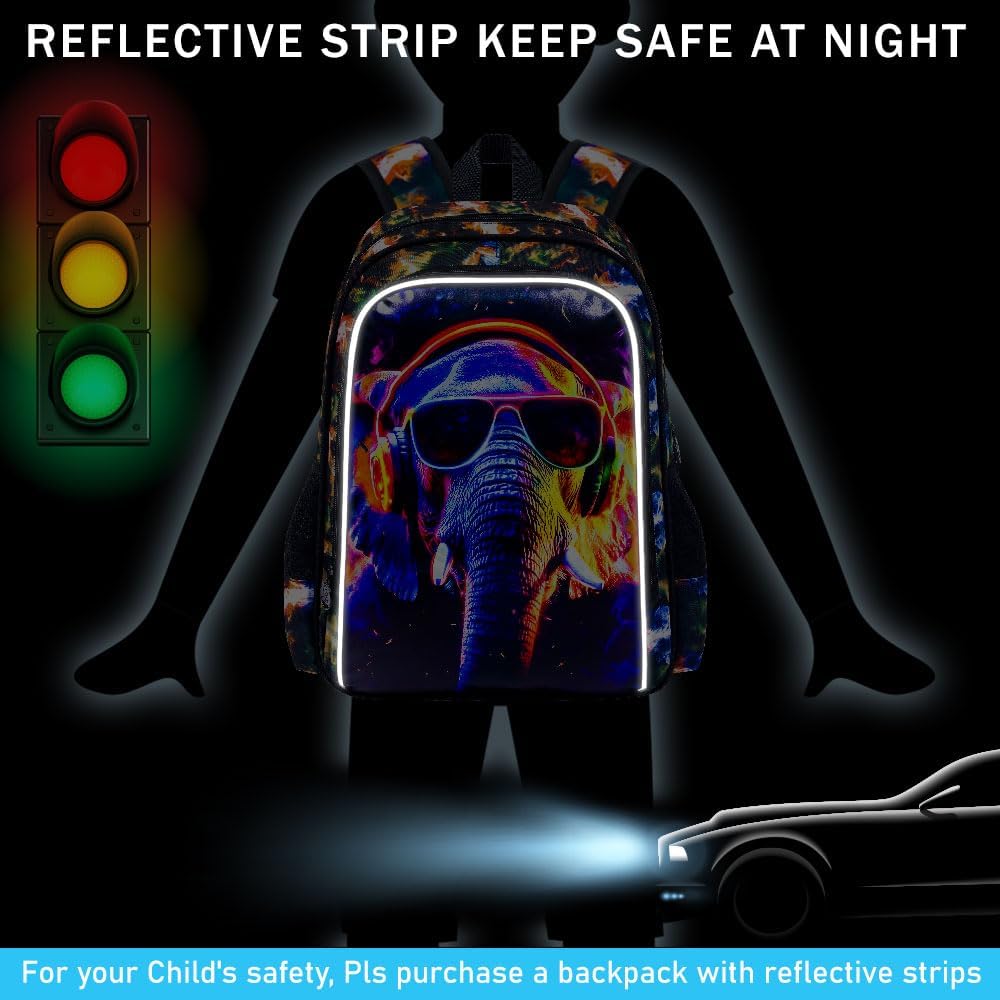 3PCS Boys Elephant Bookbag, Water Resistant Kids Backpack with Lunch Box, 17" School Bag Set for Teenagers Middle Elementary - Sunglasses Elephant