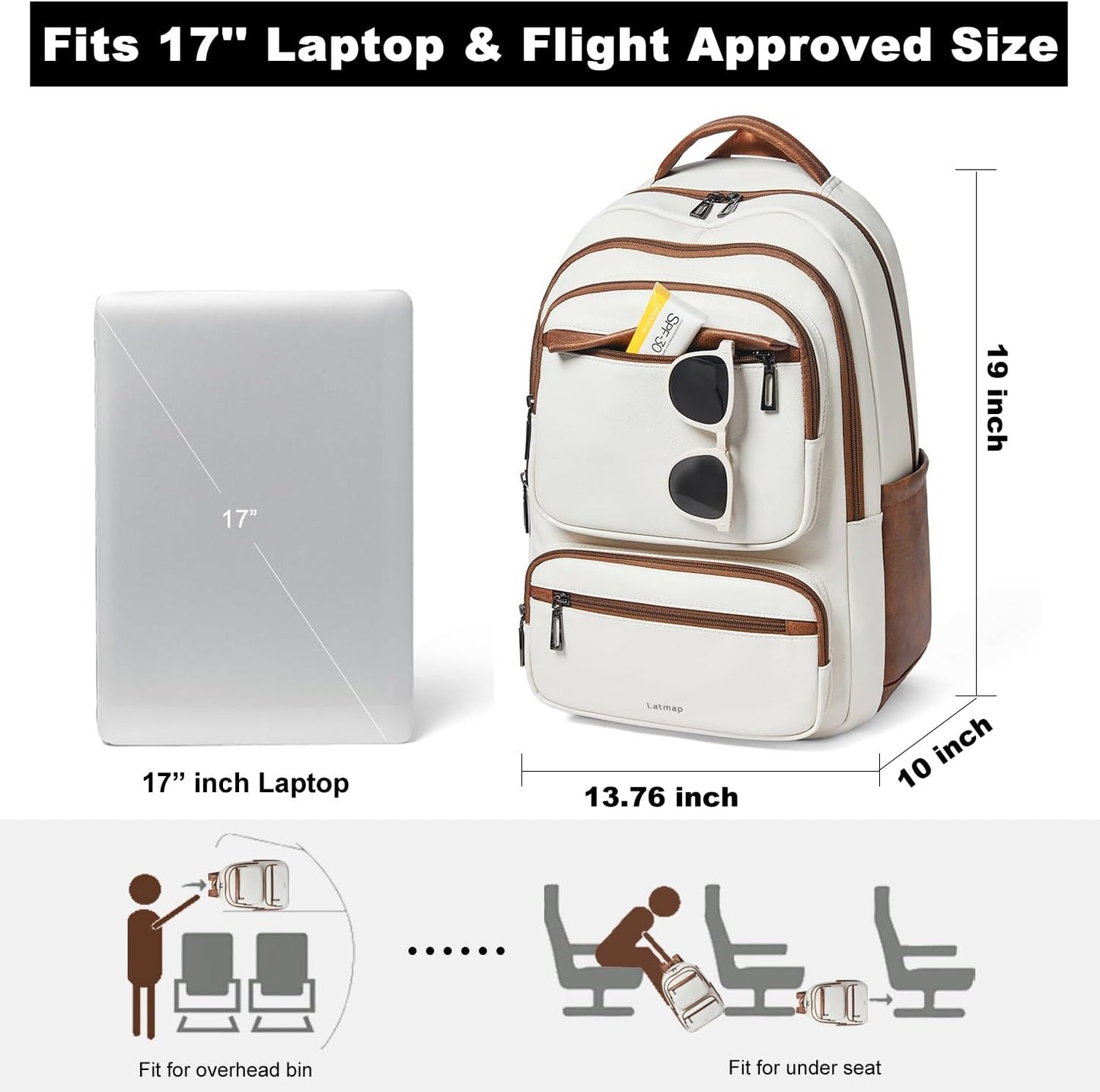 43L Backpack Purse For Women Leather Shoulder Diaper Bookbag Tote 17 16 15.6 Inch Laptop Bag Handbags For Travel Work College Large Beige