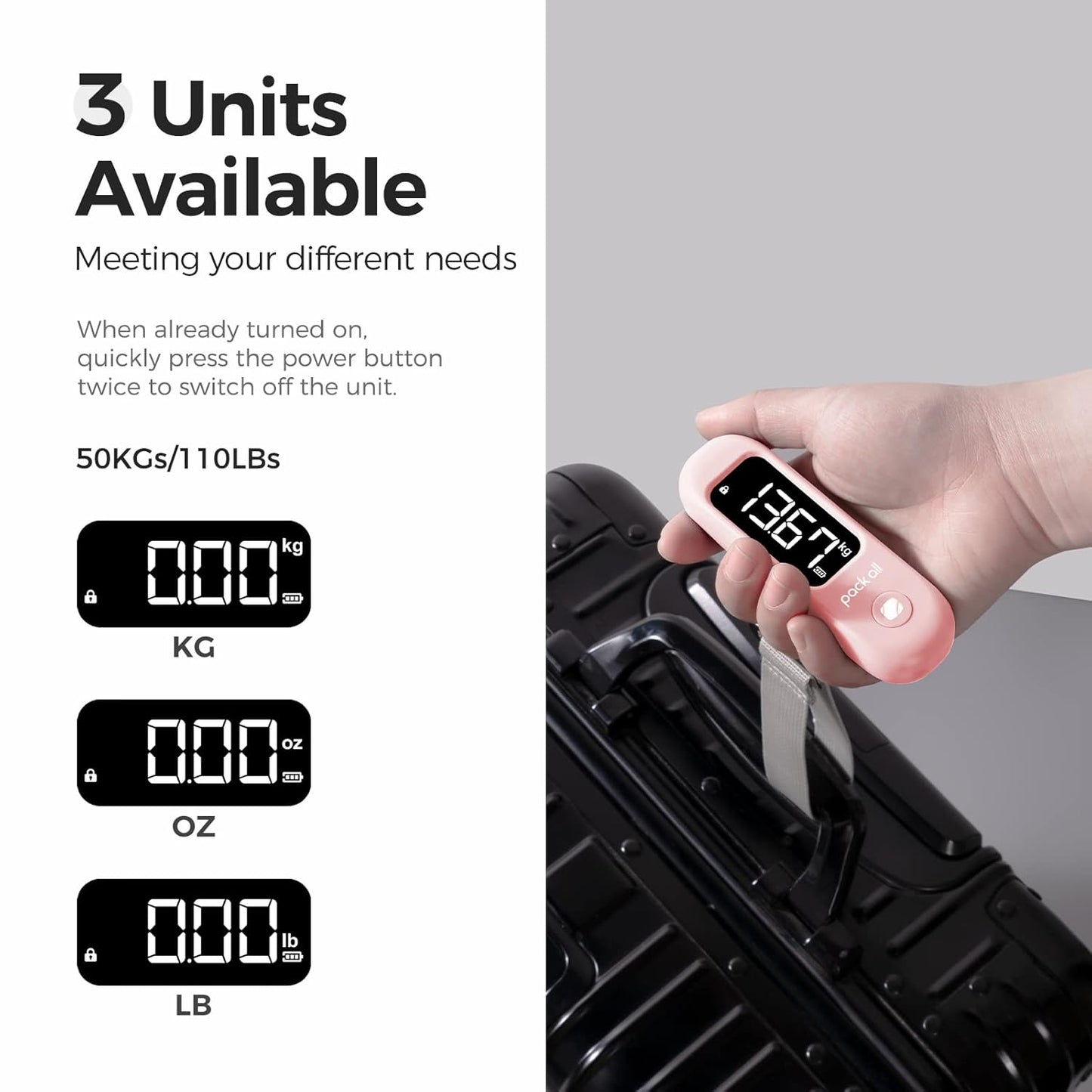 pack all 110 Lbs Luggage Scale, Digital Handheld Baggage Scale, Travel Suitcase Weight Scale with LCD Display, Battery Included, Pink