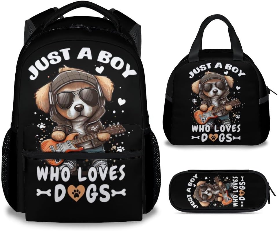 Dog Backpack with Lunch Box, Set of 3 School Backpacks Matching Combo, Cute Black Bookbag and Pencil Case Bundle