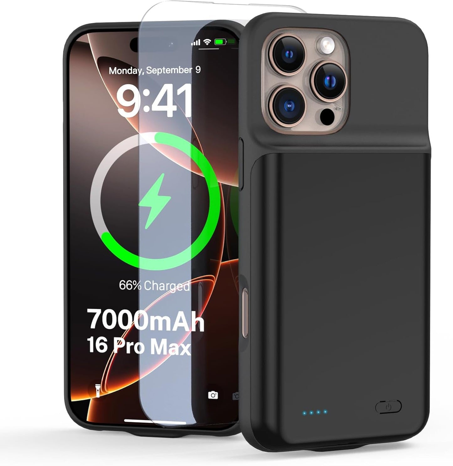Battery Case for iPhone 16 Pro Max (6.9 inch),Charging Case Charger Ultra-Slim 7000mAh Rechargeable Portable Extended Charger Case Cover w/Tempered-Glass Protector - Black