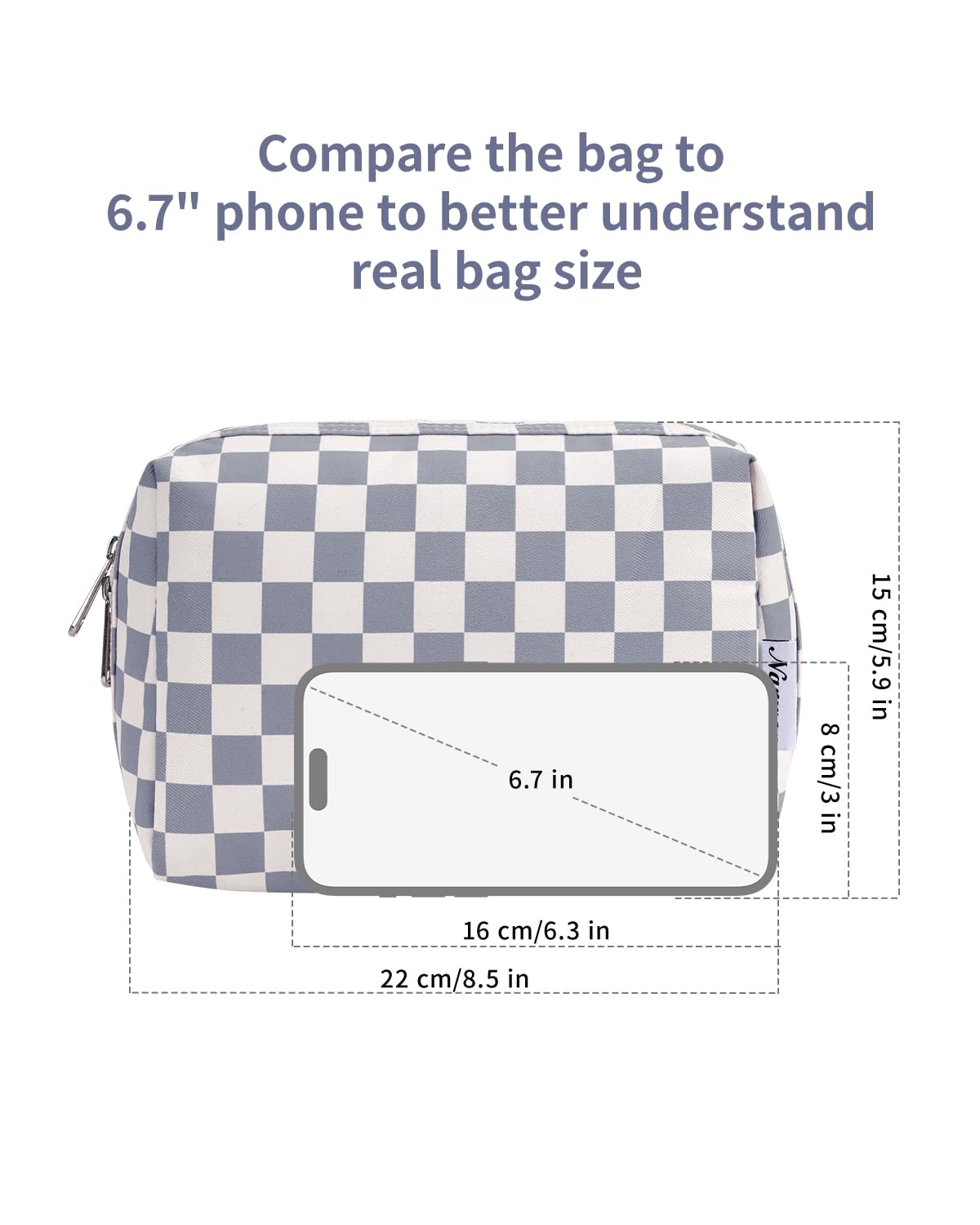 Narwey Checkered Makeup Bag Travel Cosmetic Bag Organizer Toiletry Bag Make Up Bags with Compartments for Women Girls (Large, Grayish Blue Checkerboard)