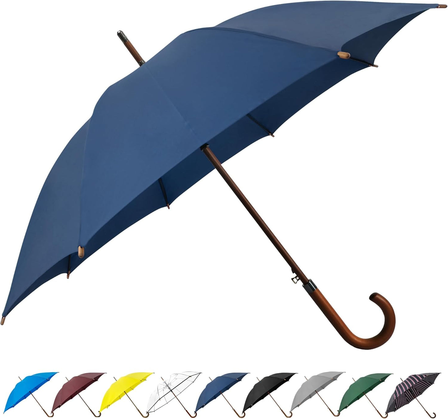 SoulRain 48" Large Umbrella –Windproof Stick Umbrellas for Rain, Automatic Open, Vintage Cane Navy Blue big Umbrella with Classic Wooden Handle,Open for 2 Persons adult,for Women & Men(Navy Blue)