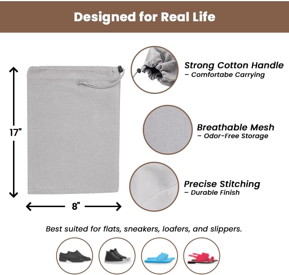 LFH Cotton Rich Shoe Storage Bags with Drawstring, Dustproof Breathable Reusable Organizer, Perfect For Travel, Dorm, Hotel, College, Gym, Easy to Carry, Machine Washable 8"x17" (Pack of 6) - Grey