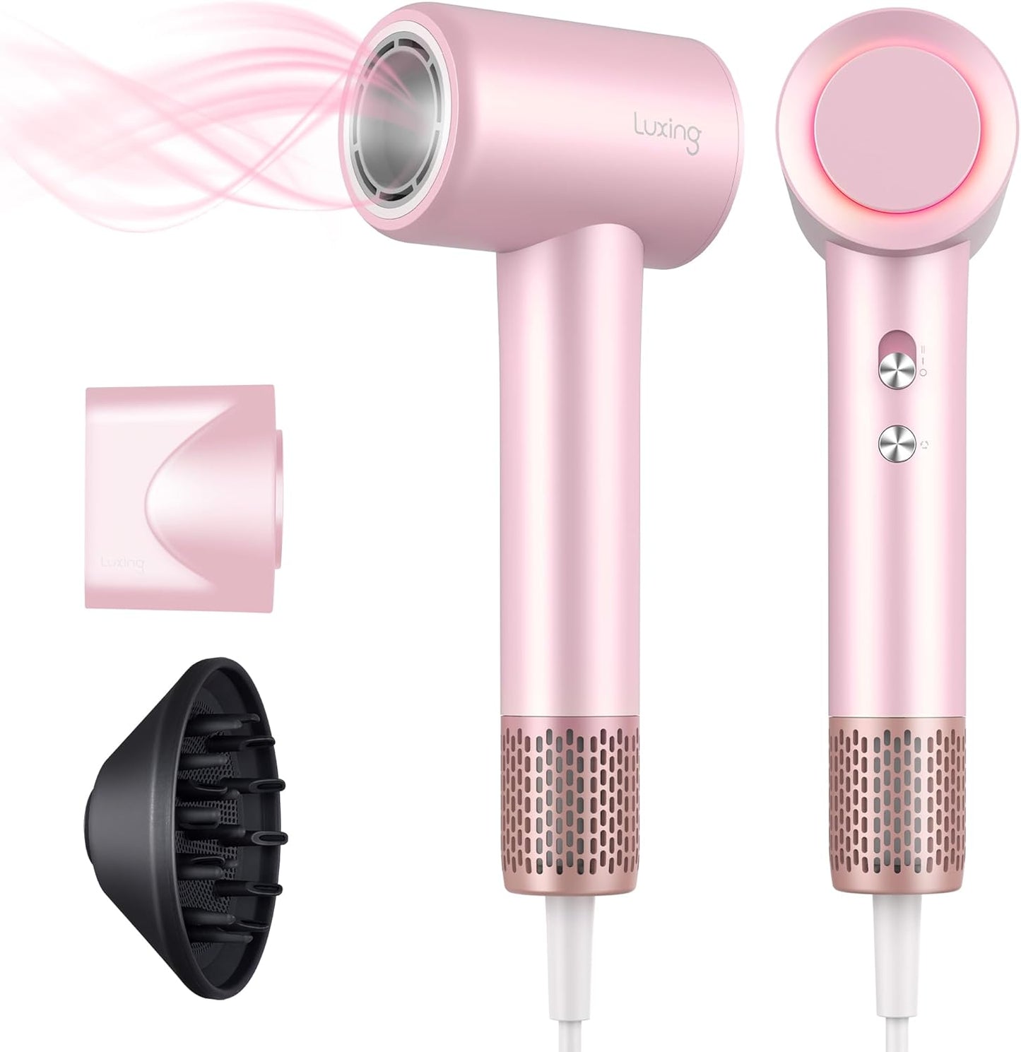 Hair Dryer, TurboLux 200 Million Negative Ionic 1500W High-Speed Blow Dryer for Fast Drying with Diffusers, Lightweight, Low-Noise Hair Dryer for Women with 110000 RPM Brushless Motor (Pink)