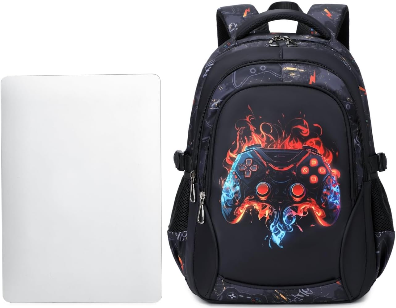Boys Backpack for Elementary Kids Bookbag Middle School Bags Heavy Duty Soccer Laptop Durable Waterproof 18 In (4-Flame Game)