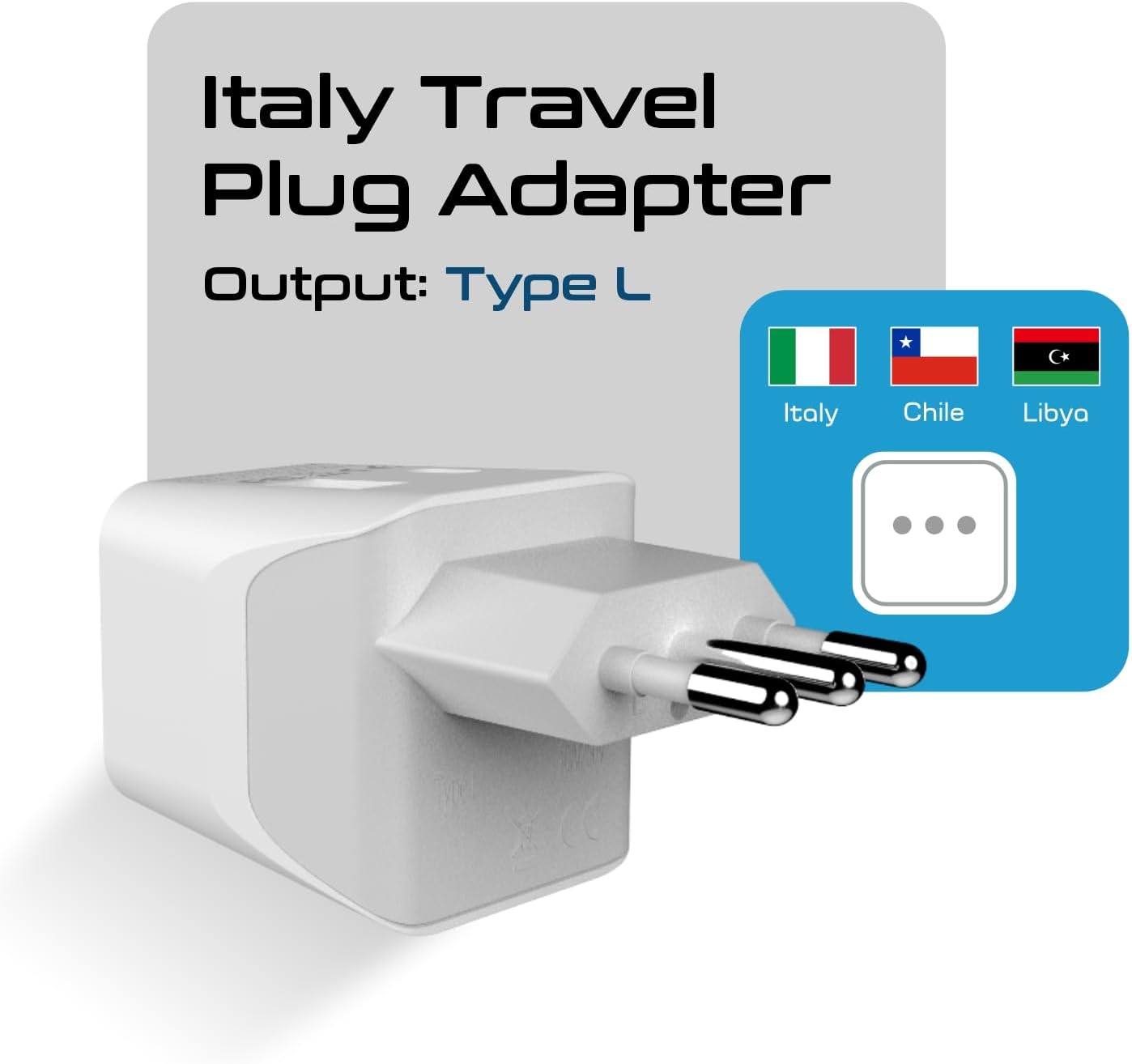 Ceptics Italy Travel Plug Adapter – Type L Italy Power Adapter with USB-C & A + USA Input –Compact, Safe Grounded for Phones, Laptops & More (CTU 12A)