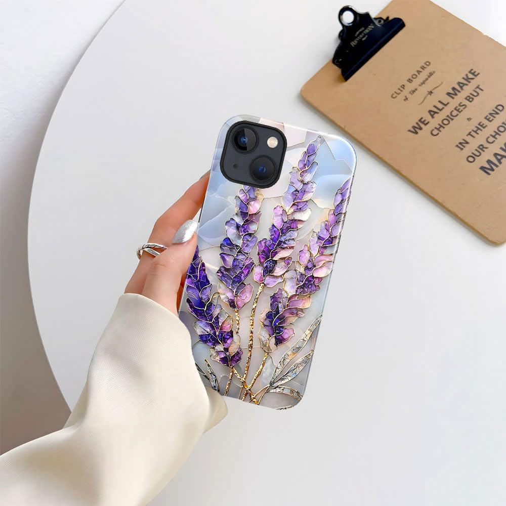 Case for iPhone 15 - Slim Fit Anti-Scratch Phone Case for Girl Women - Lavender Stained Glass Purple Floral (Glossy)