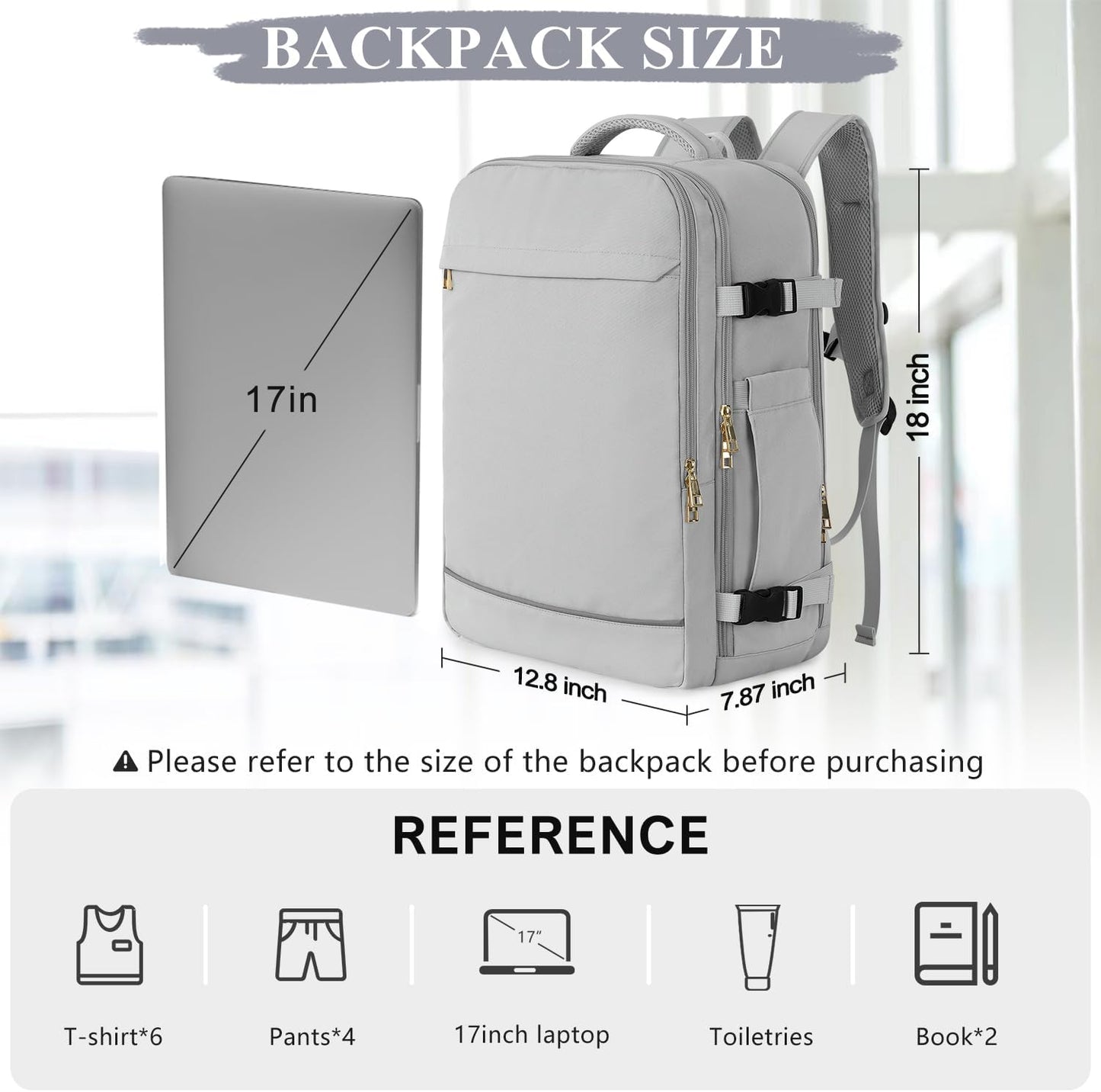 Travel Backpack, 40L 17 inch Laptop Travel Backpack Carry on Flight Approved, Personal Item Travel Bag, Waterproof Backpack for College, School, Business, Weekend, Work, Gray