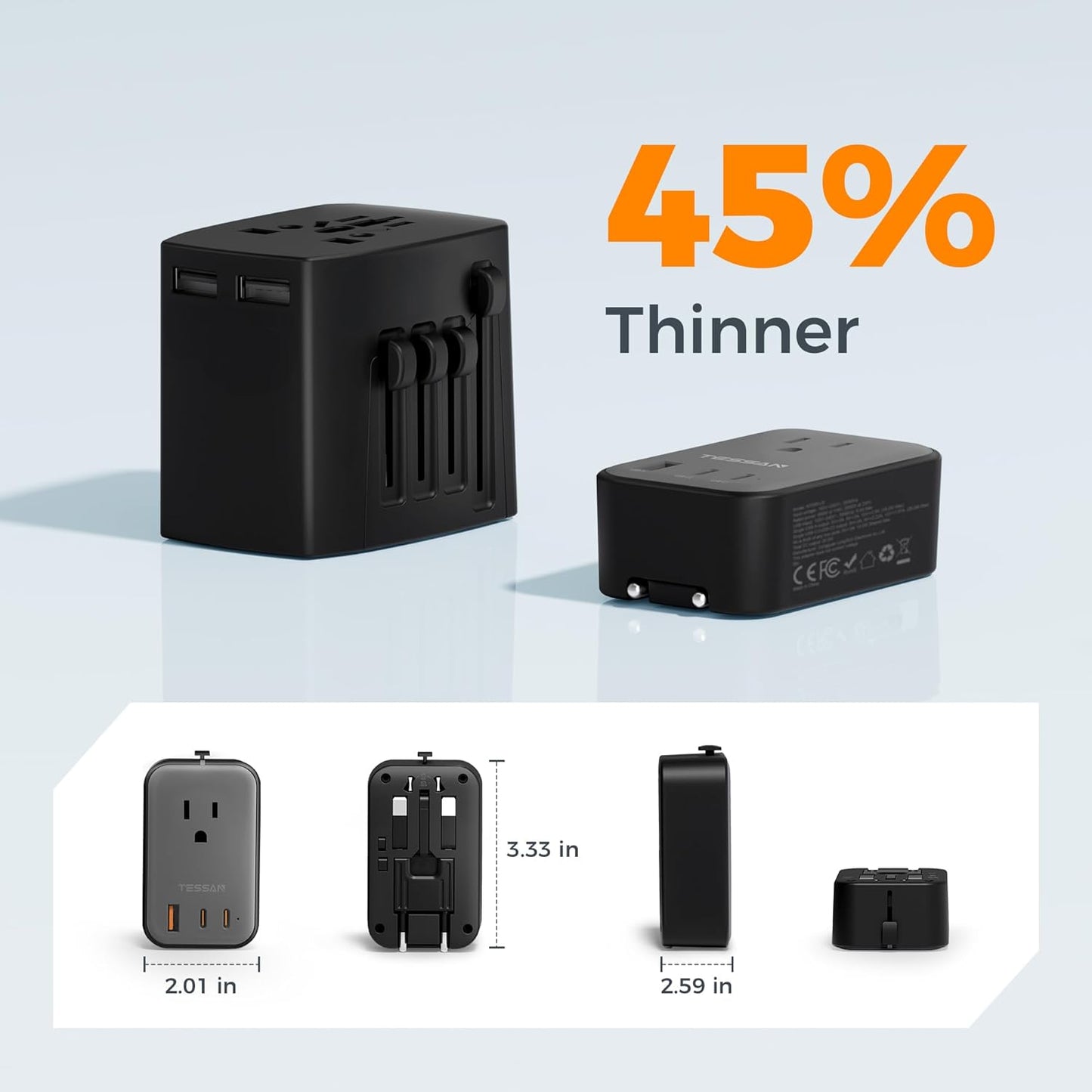 TESSAN International Power Adapter, Travel Adapter PD 20W 2 USB C 1 USB A, Ultra Thin Universal Plug Adaptor Worldwide for US to Europe UK Australia Ireland (Type C G A I)