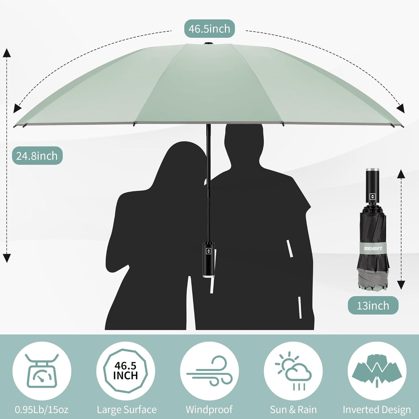 Seniny Travel Umbrella with Carabiner Handle, Windproof Large Umbrellas for Rain with Dual-Rib Structure, Portable Compact Umbrella with Reflective Strip, Car Backpack UV Umbrellas for Sun Protection