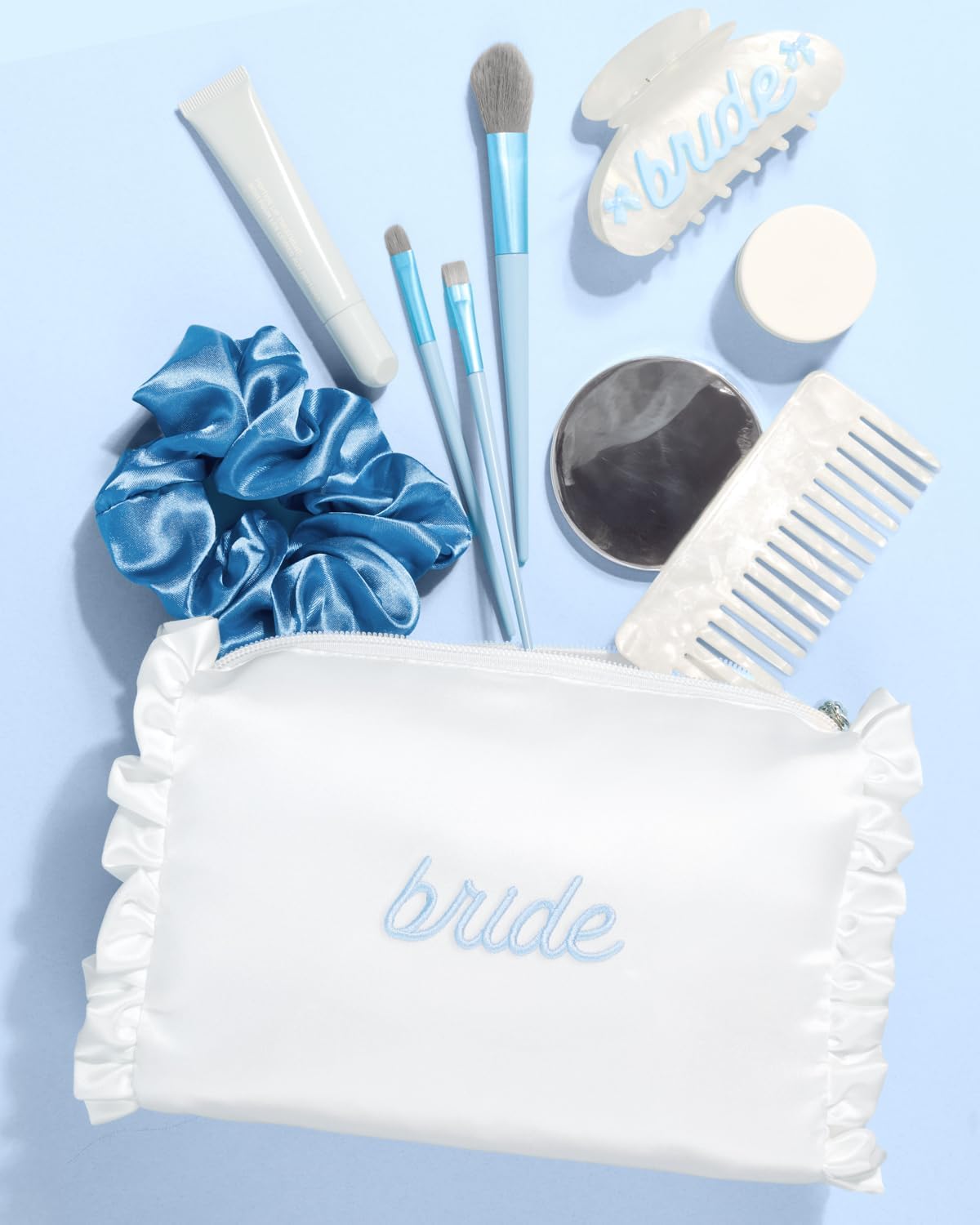xo, Fetti White Satin Bride Cosmetic Bag | Bachelorette Party Decorations, Bride To Be Purse