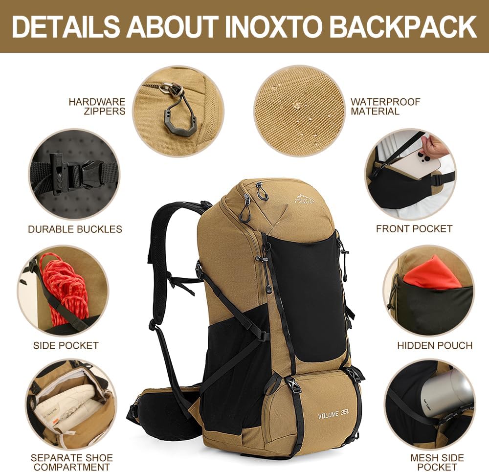 INOXTO 35L Hiking Backpack with 3Lwater bladder, Camping Backpack with Waterproof Rain Cover for Men, Outdoor Sport Travel Daypack for Climbing (Khaki 2)