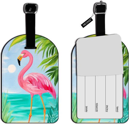 Flamingo and Palm Luggage Tag Beach VacatiOn Leather Travel Bag Labels Suitcase Luggage ID Tags