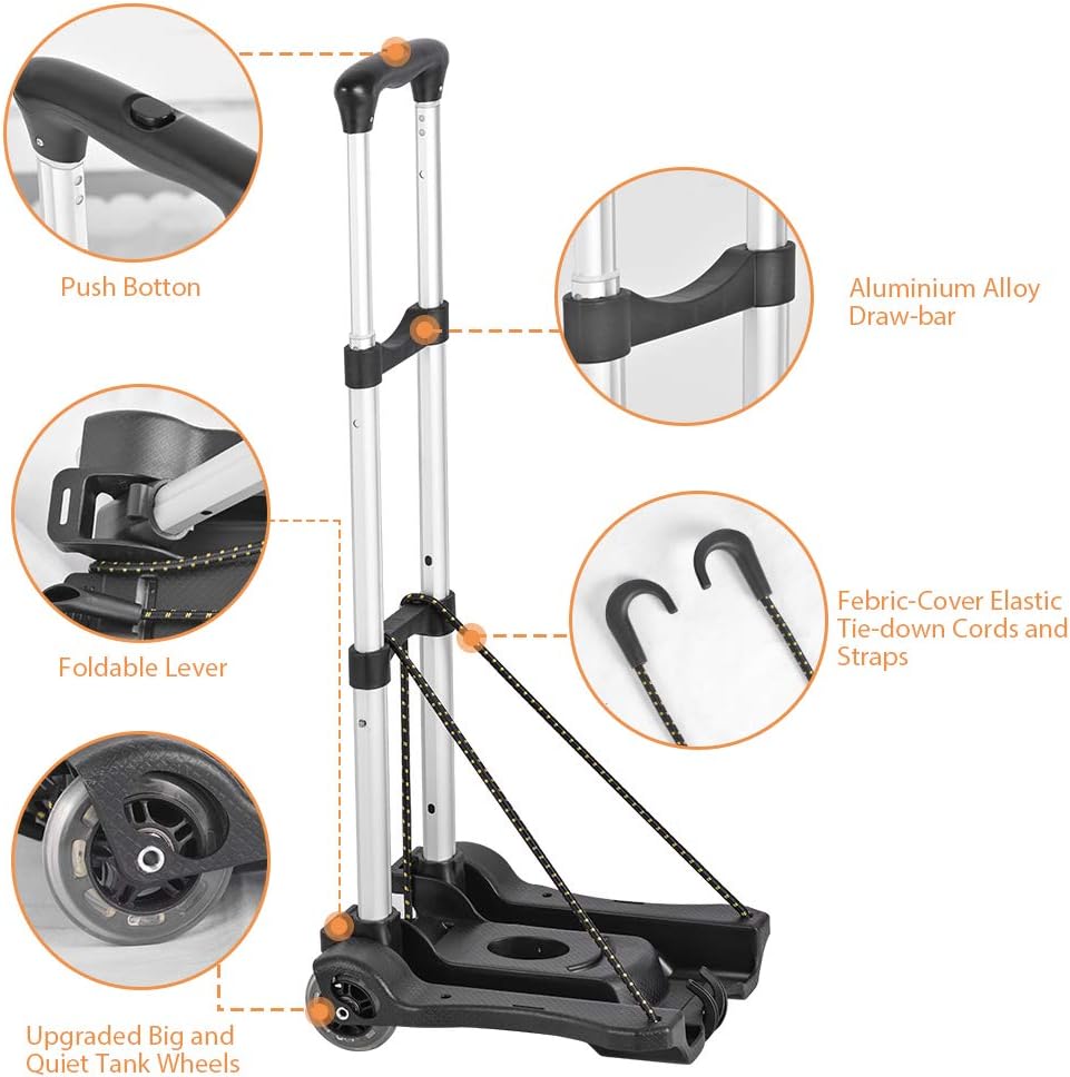 Hivexagon Folding Luggage Cart 88lbs Load Capacity Compact Lightweight and Durable Aluminum Alloy Travel Trolley for Luggage, Personal, Travel, Moving and Office Use