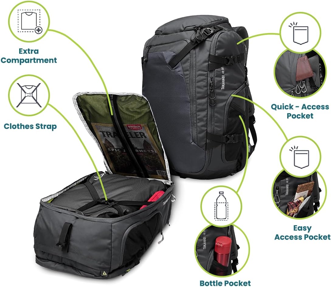 torch 40L Travel Backpack for Men - Large Carry On Backpack Airline Approved with Rain Cover for Camping, Hiking, Outdoor - Takahagi (Iron Grey)