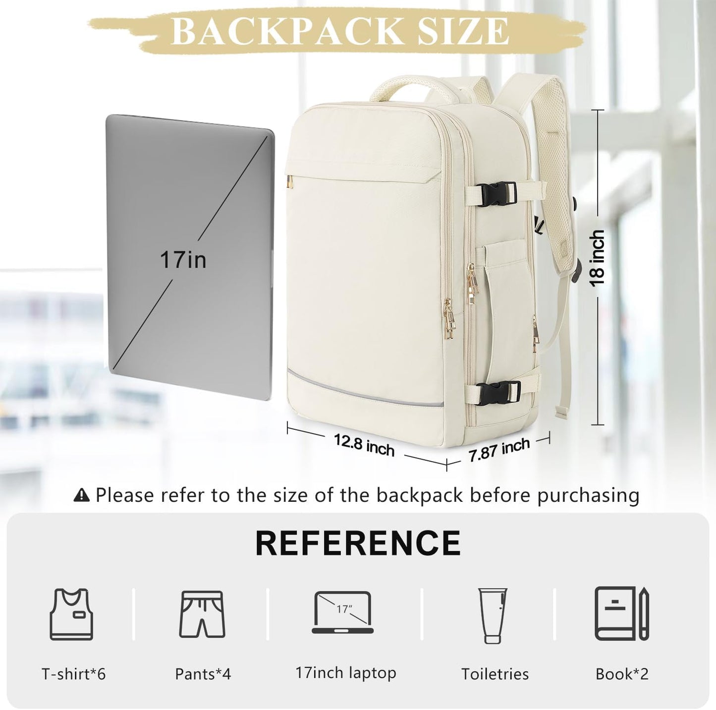 Travel Backpack, 40L 17 inch Laptop Waterproof Backpack Carry on Flight Approved, Personal Item Travel Bag, Casual Daypack for College, School, Business, Weekend, Work, Beige