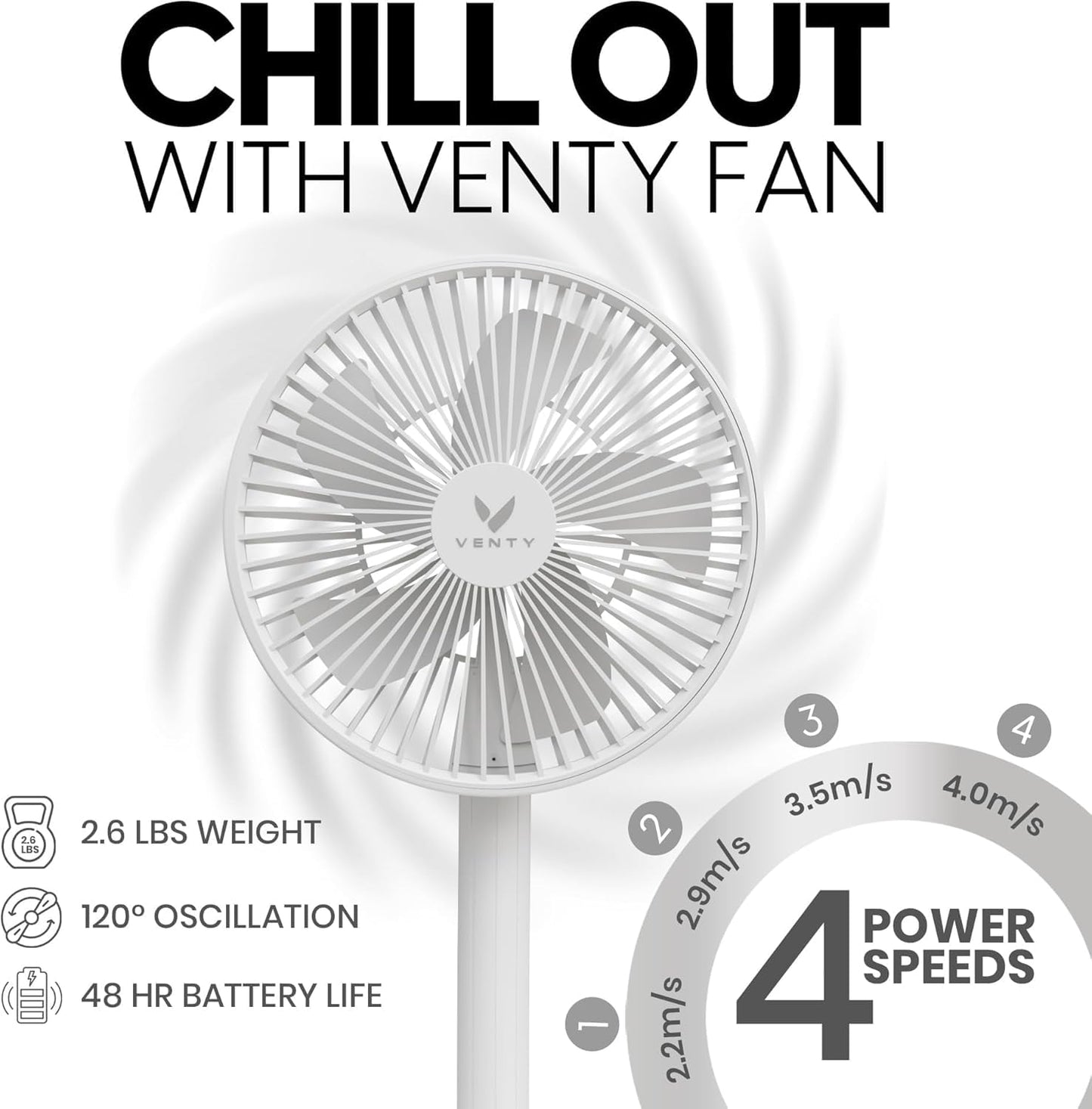 VENTY Portable Fan - Wireless Battery Operated Fan - 4 Speeds - LED Lighting - Carry Case & Remote