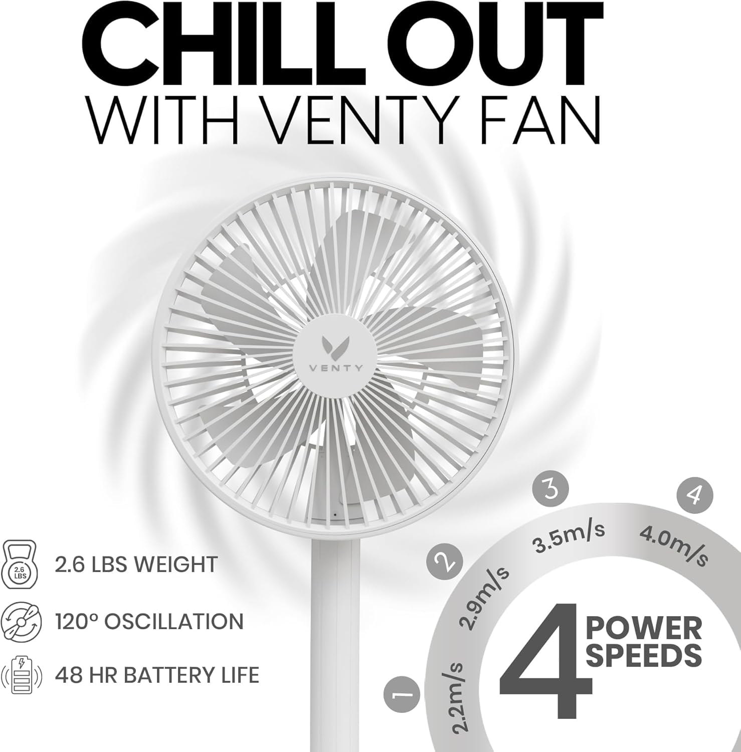 VENTY Portable Fan - Wireless Battery Operated Fan - 4 Speeds - LED Lighting - Carry Case & Remote