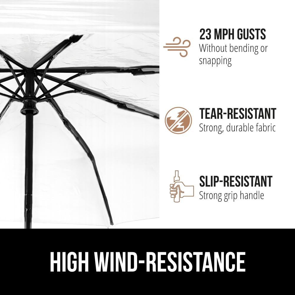 GORILLA GRIP Strong Windproof Stick Compact Umbrella for Rain, One-Click Automatic Open and Close, Durable Quick Dry Waterproof Material, Lightweight and Portable, Travel Size Fits Backpack, Clear