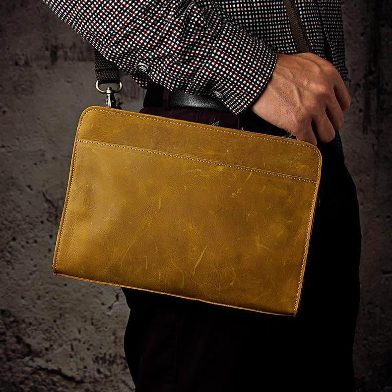 Vintage Crazy Horse Leather Business Briefcase - Under Arm Clutch Bag with Tablet Case & Organizer