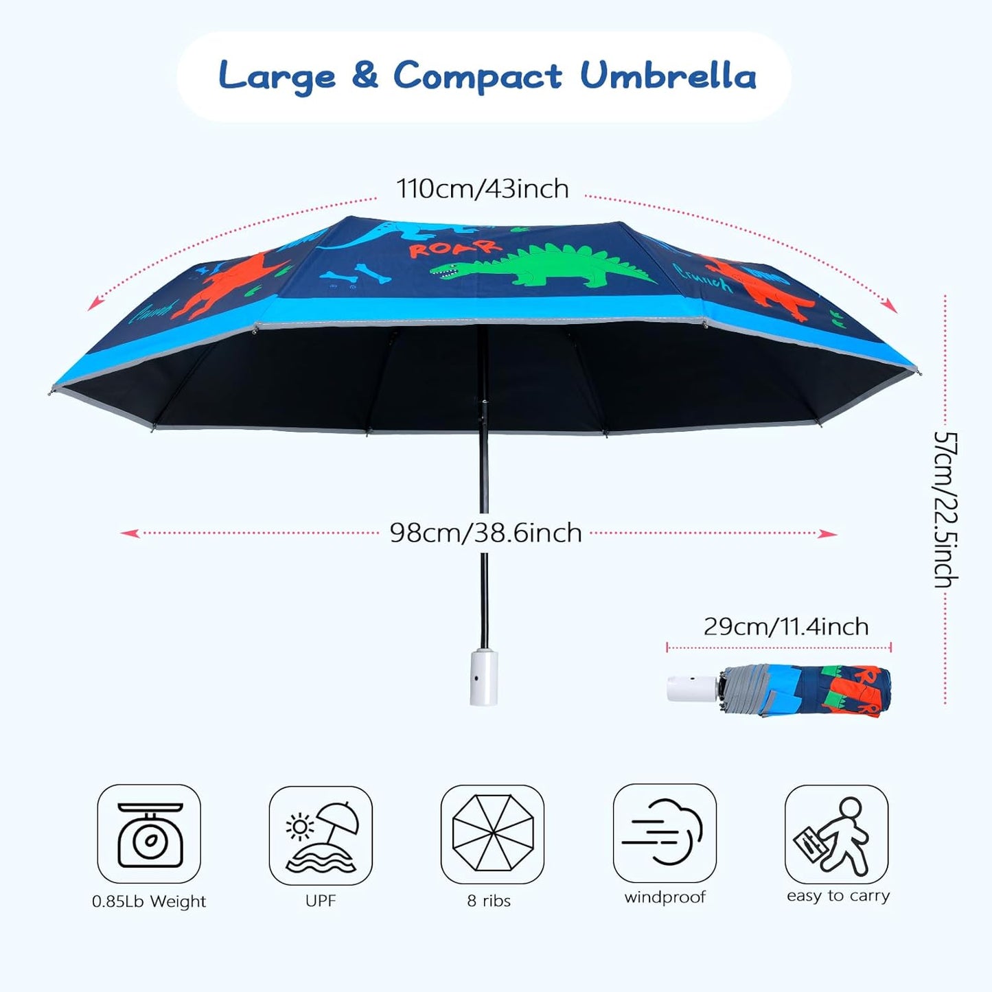 Kids Folding Umbrella Auto Open/Close Anti-rebound Safe Design UV Resistant Automatic Children Travel Umbrellas 8 Rib Reinforced Canopy 360° Reflective Strip Lightweight Cute Umbrella for Girls & Boys