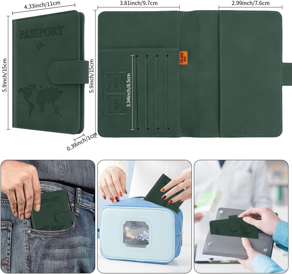Passport Holder for Travel, Passport Cover Wallet, Premium PU Leather Passport Book Card Holder Case for Women Men, Waterproof RFID Blocking Flying Travelling Essentials Vacation Must Haves, Green