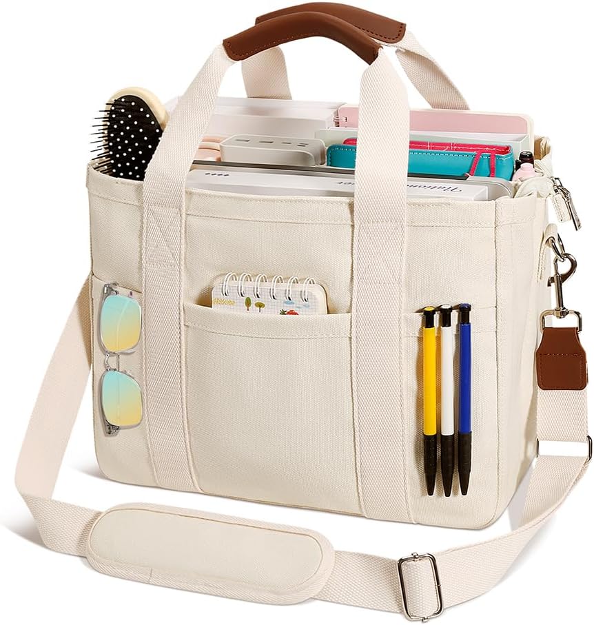 KKXIU Canvas Tote Bag for Women with Zipper and Compartments Crossbody Large Bible Messenger Purse