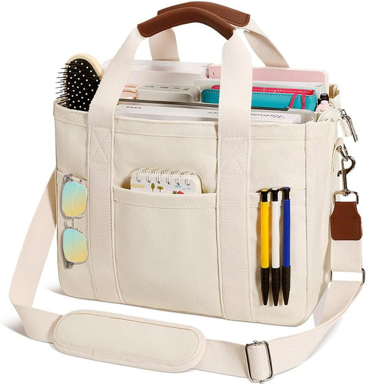 KKXIU Canvas Tote Bag for Women with Zipper and Compartments Crossbody Large Bible Messenger Purse Bag With Pockets