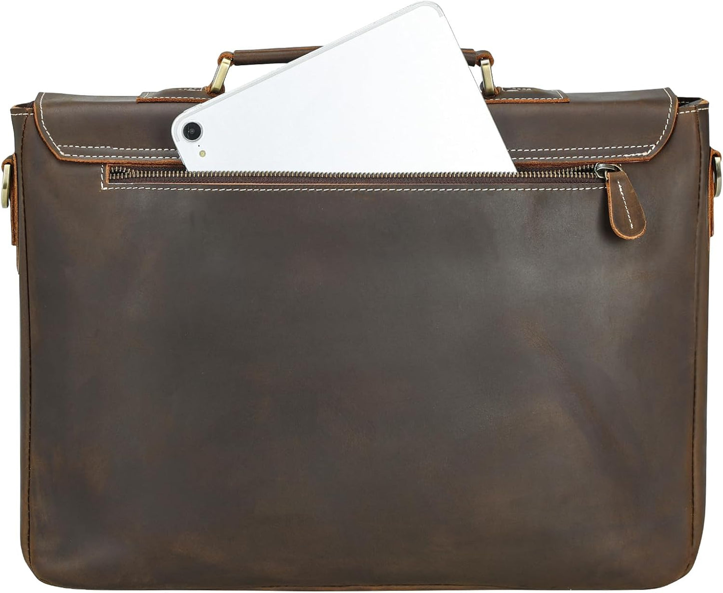 Polare Vintage Full Grain Leather Tote Briefcase Professional 16'' Laptop Shoulder Messenger Bag with YKK Metal Zippers(Dark Brown)