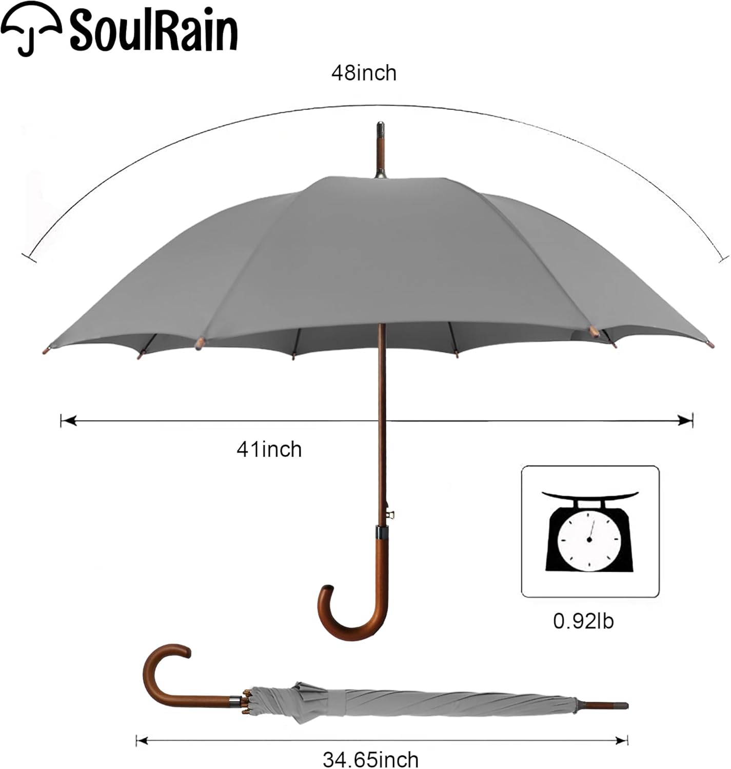 SoulRain 48" Large Umbrella –Windproof Stick Umbrellas for Rain, Automatic Open, Vintage Cane Grey big Umbrella with Classic Wooden Handle,Open for 2 Persons adult,for Women & Men(Grey)