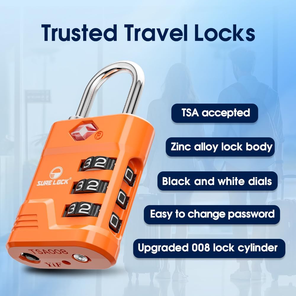 SURE LOCK TSA Locks for Luggage, TSA Approved Luggage Locks with Open Alert, 008 Key for High Security, Easy Read Dials, Zinc Alloy Body, Locker Lock for Suitcase, Gym, Travel. (Orange 4 pk)
