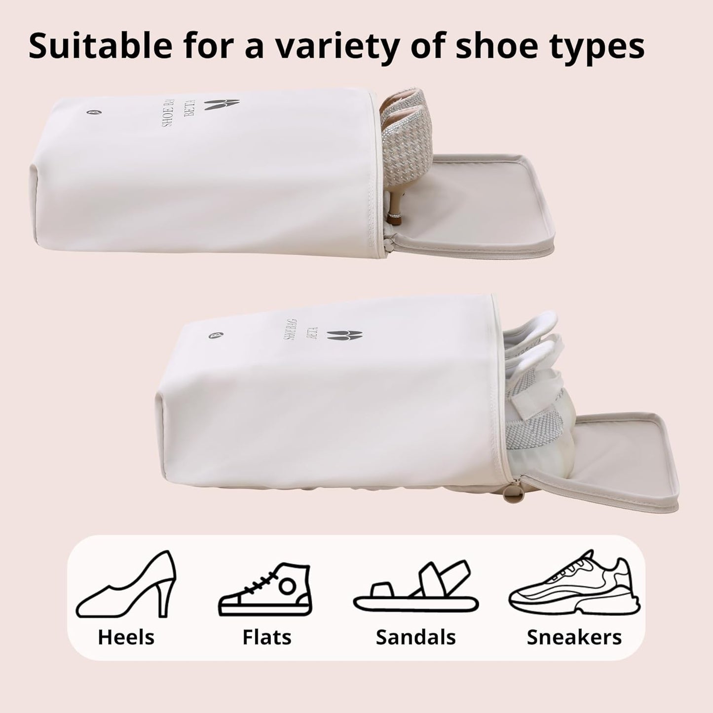 tianzong 2 Pack Shoe Bags for Travel, Water-resistant Shoe Storage Organizer with Zipper for Men and Women (Beige, T400-Beta)