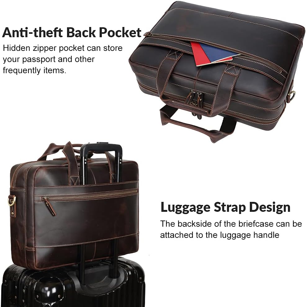 TIDING Genuine Leather Briefcase 17 Inch Laptop Messenger Bags for Men Business Travel Case Shoulder Bag