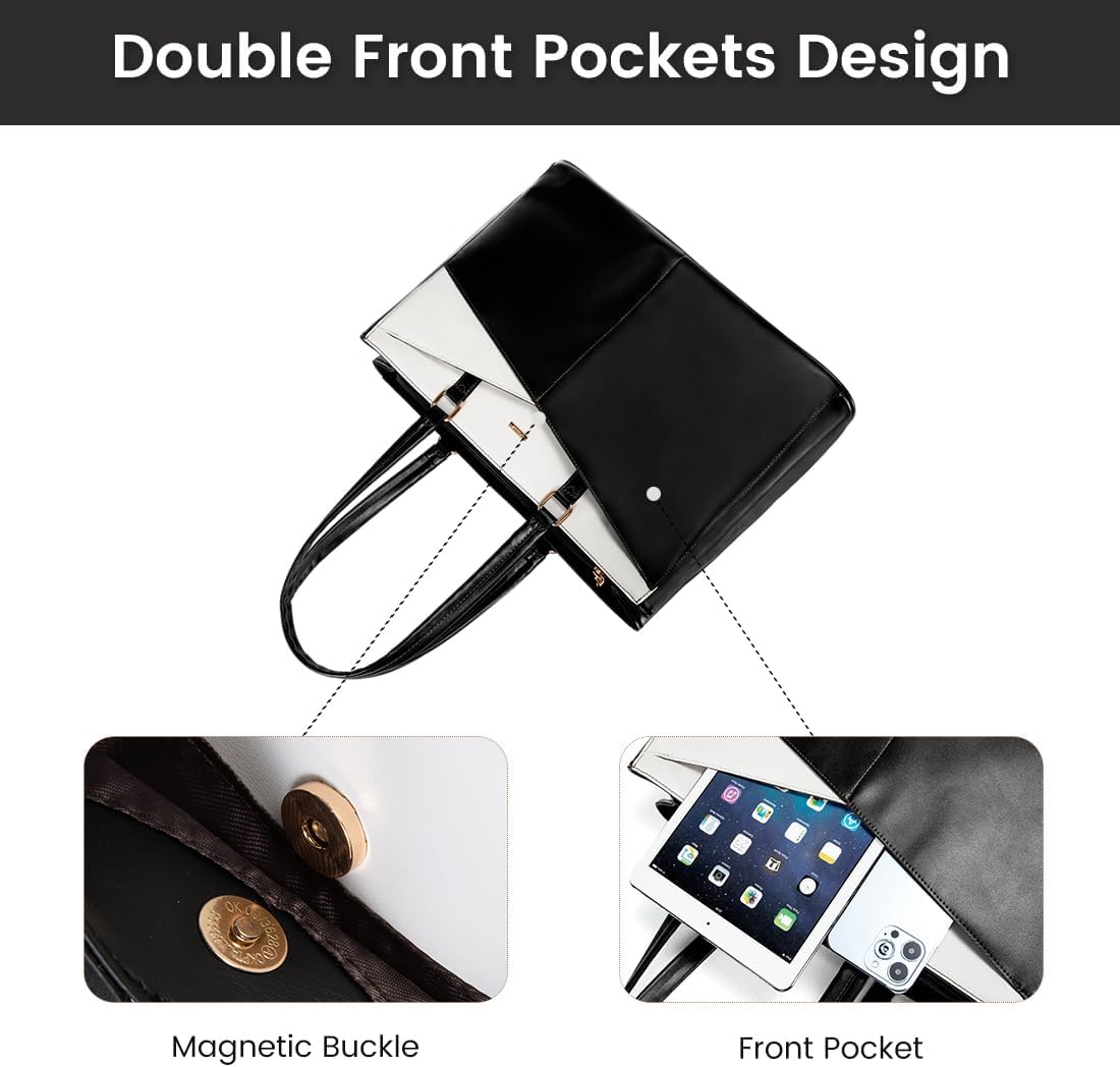 LOVEVOOK Laptop Bag for Women 15.6 Inch Tote Bags Waterproof Leather Briefcase Computer Women Business Office Work Bag,Black-White