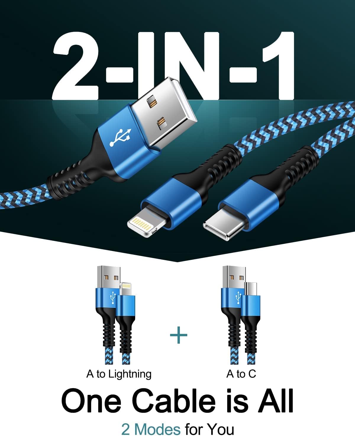 3Pack-4FT Apple & Android USB to Lightning & USB-C 2-in-1 Fast Charger Cable for iPhone 17 17Pro 16e 16 15 14 Pro Max Plus 13 12, Samsung Galaxy A17 A16, Google Pixel 10, Multi USBC Lighting USB Cord