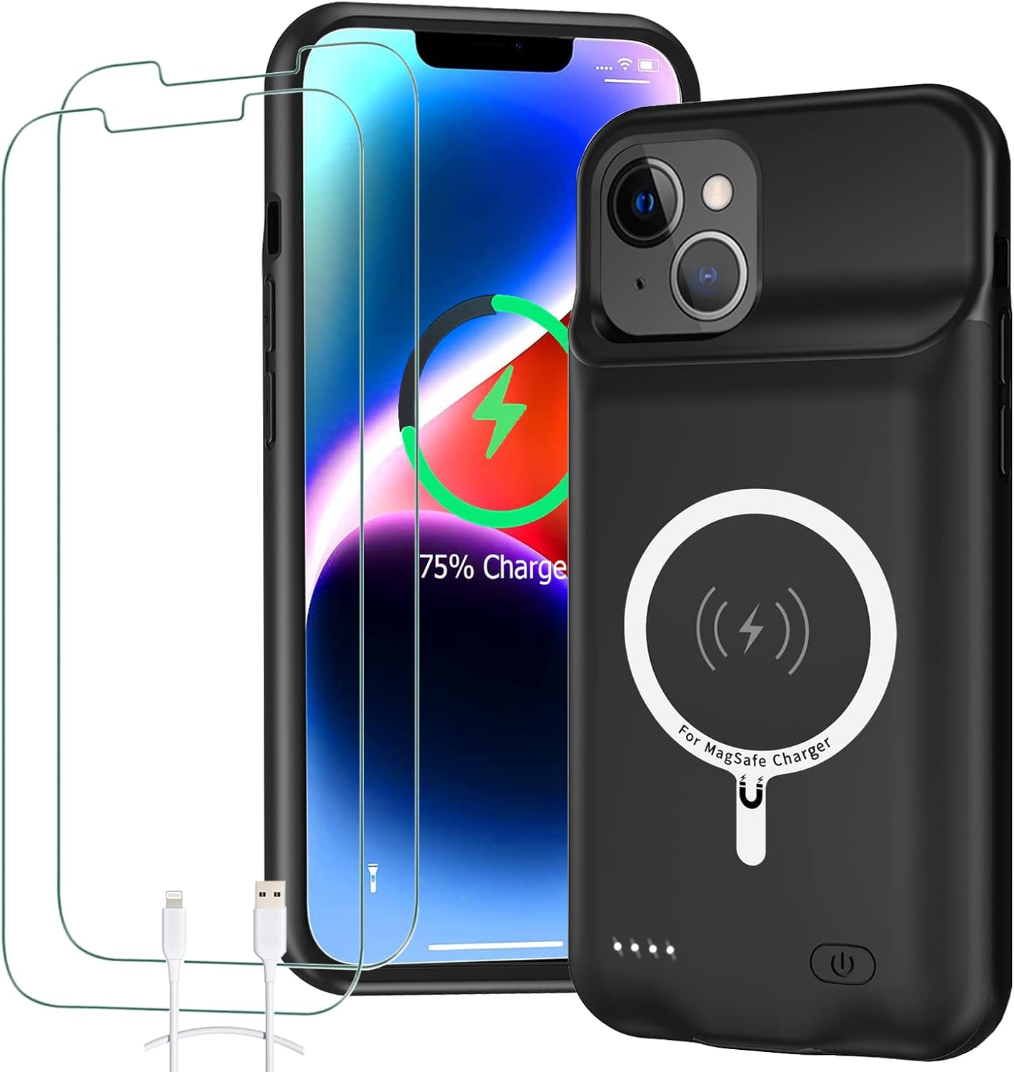 Battery Case for iPhone 14, Full Encircle 10000mAh High Capacity Rechargeable Smart Portable Charger Case Extended Battery Pack for iPhone 14 (6.1 inch) Wireless Charging Case Support Carplay-Black