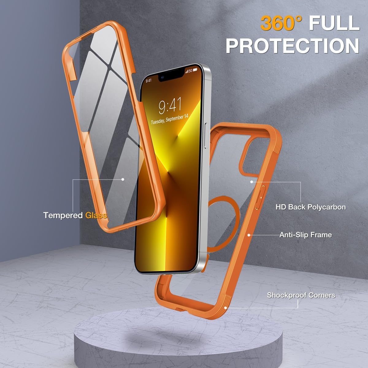 Miracase for iPhone 13 Pro Case 6.1",with MagSafe,Built in Screen Protector,Full-Body Protection(Orange)