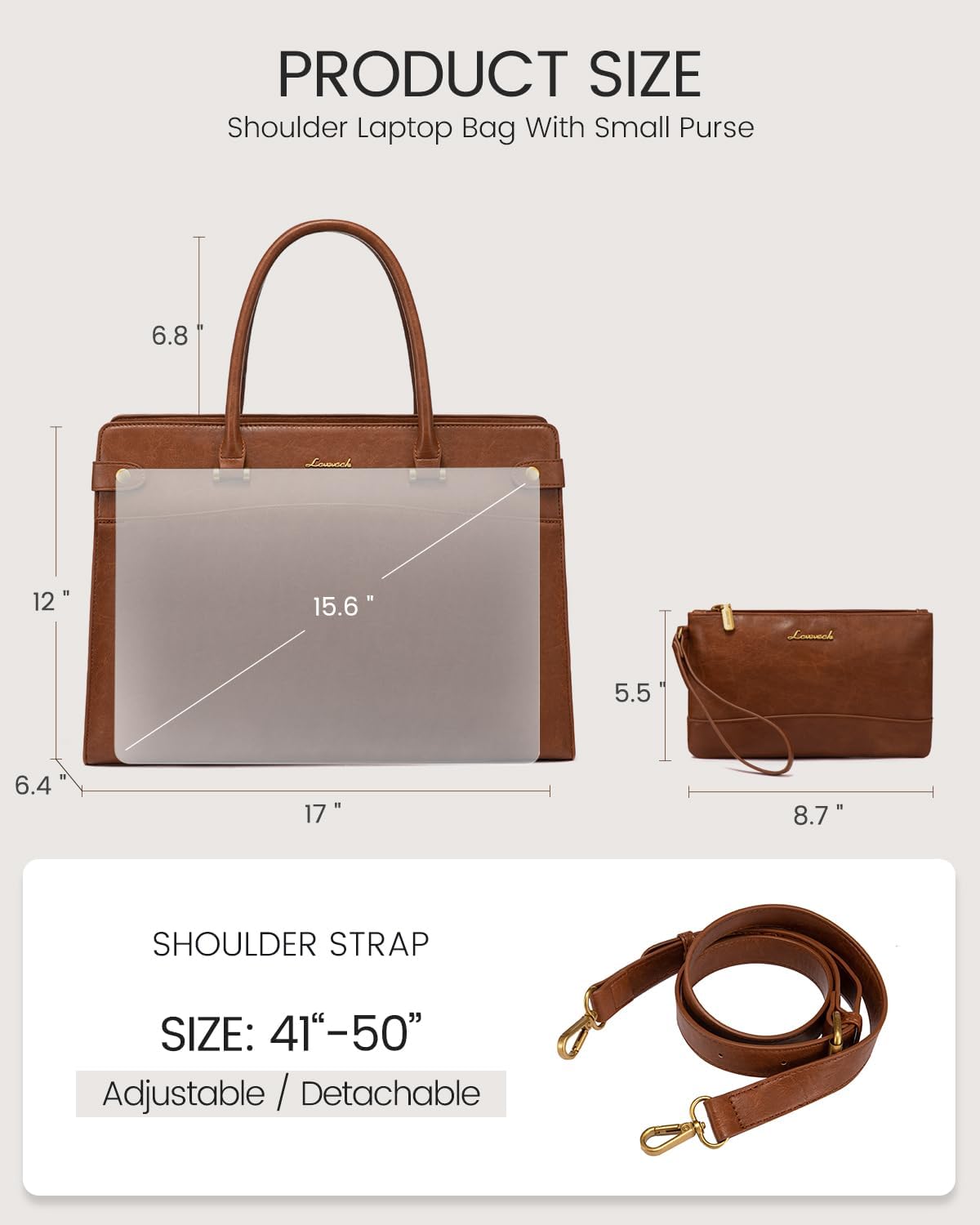 LOVEVOOK Laptop Tote Bag For Women Work, Vintage Leather Computer Bags For Laptops For Women, Waterproof Laptop Bag Business Briefcase Office Large Shoulder Handbag Purse, 15.6 Inch, Brown