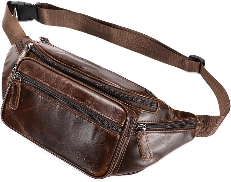 Genuine Leather Fanny Pack Men Women Multi-Pockets sling Waist Bag For Travel Sports Hiking Cycling Fishing Running OilCoffee Large