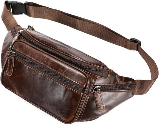 Genuine Leather Fanny Pack Men Women Multi-Pockets sling Waist Bag For Travel Sports Hiking Cycling Fishing Running OilCoffee Large