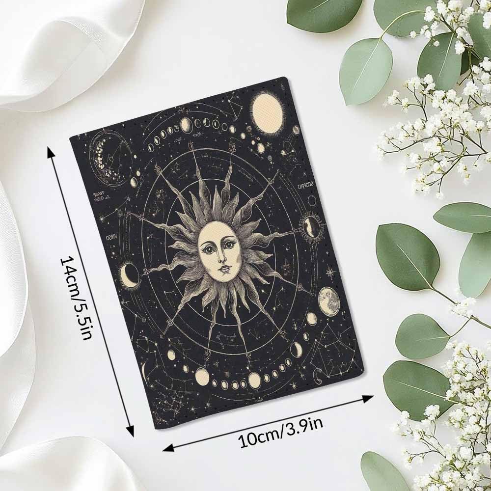 Moon Phases Passport Holder for Travel Vintage Engraving Style Zodiac Signs PU Leather Passport Cover Wallet Cute Passport Card Holder for Women and Men
