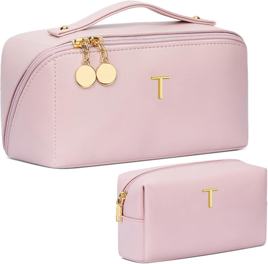 Birthday Gifts for Women Teen Girl, Personalized Initial Makeup Organizer Bag Set, Open Flat Travel Cosmetic Bag With Clear Divider and Handle(Pink,T)