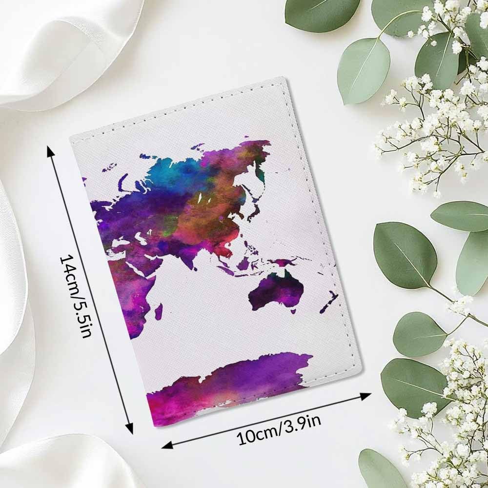 Map Passport Holder for Travel Watercolor World Map PU Leather Passport Cover Wallet Cute Passport Card Holder for Women and Men