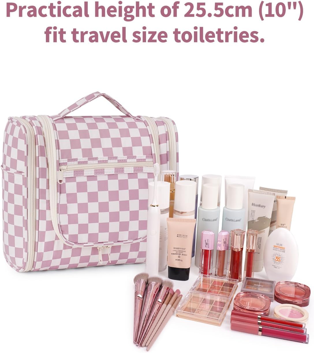 Narwey Checked Hanging Travel Toiletry Bag for Women, Travel Bag for Toiletries, Makeup Bag Organizer Cosmetic Bags Make Up Bags for Women (Dusty Rose Checkerboard)