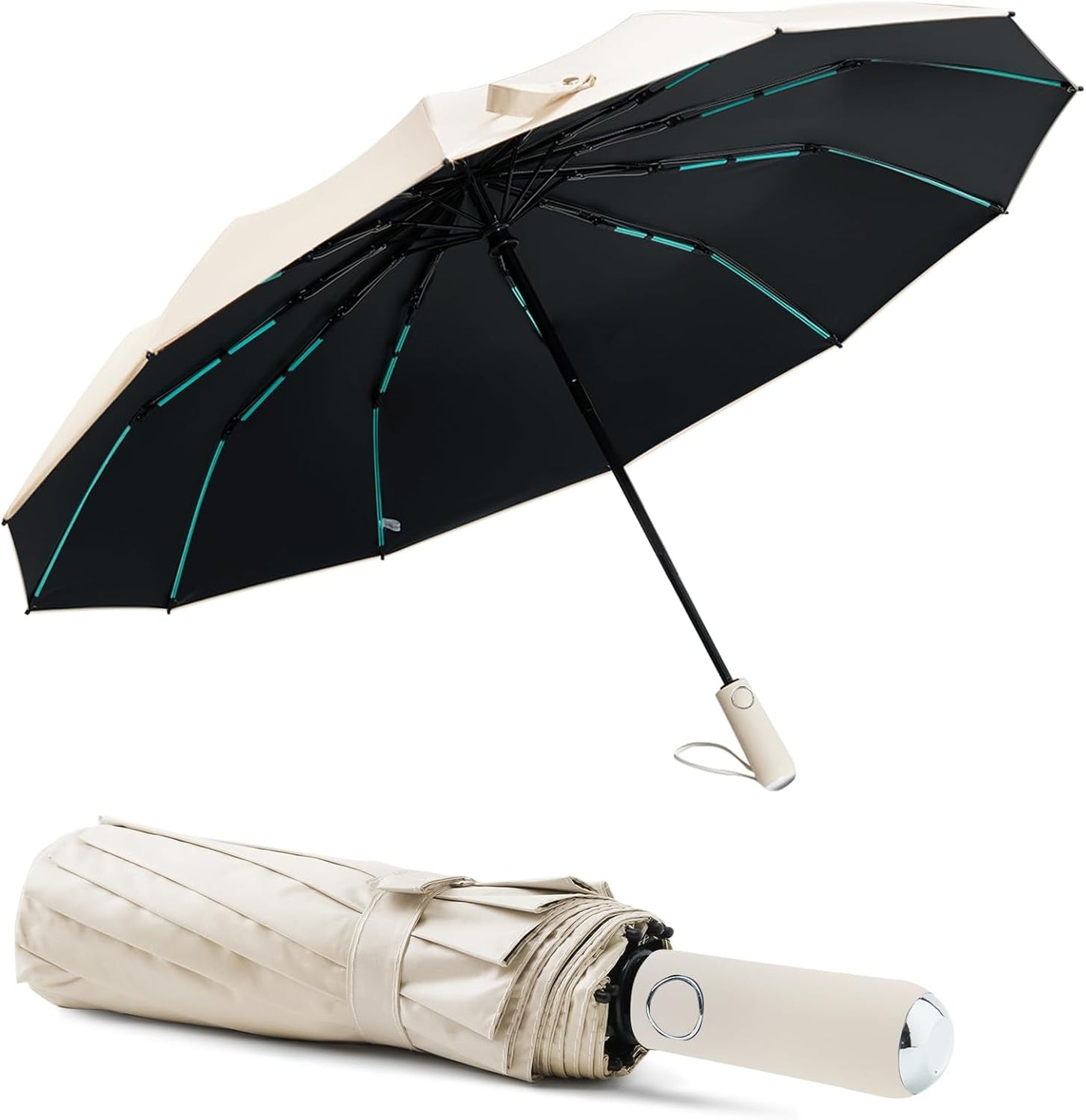 Large Double-Ribs Umbrella Automatic Folding Umbrella for Women Men, Travel, UPF 50+ UV Protection,46-Inch, 12 Ribs, Light Green