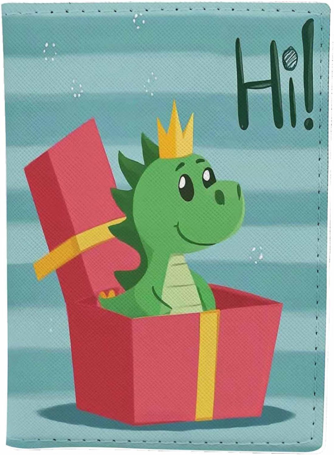 Cute Dinosaur Passport Holder for Travel Cartoon Green Dinosaur Say Hi Gift Box PU Leather Passport Cover Wallet Cute Passport Card Holder for Women and Men